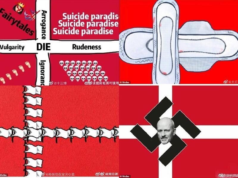Dozens of illustrations showing an altered Danish flag have been shared online. (Weibo)
