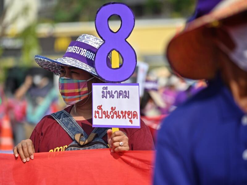 Members of Thai labour rights groups and state enterprise unions march for labour rights on International Women’s Day in Bangkok on March 8, 2020. Lillian SUWANRUMPHA / AFP