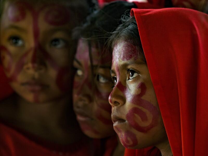 Wayuu girls prepare to perform the traditional La Yonna dance, in Tres Bocas, northern Colombia, on March 13, 2020. Juan BARRETO / AFP
