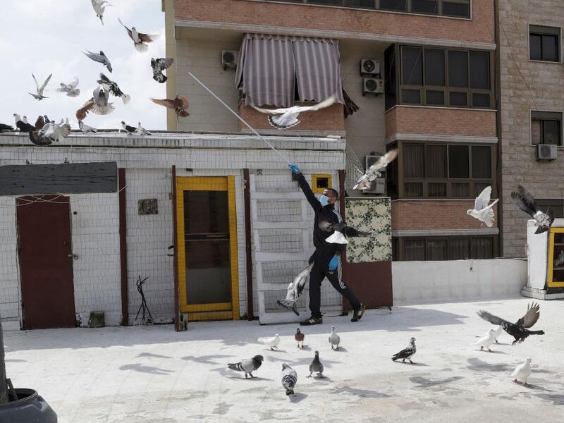 A pigeon owner, wearing personal protective equipment, trains his pigeons on the rooftop of his building in the southern suburb of Beirut on April 11, 2020. ANWAR AMRO / AFP