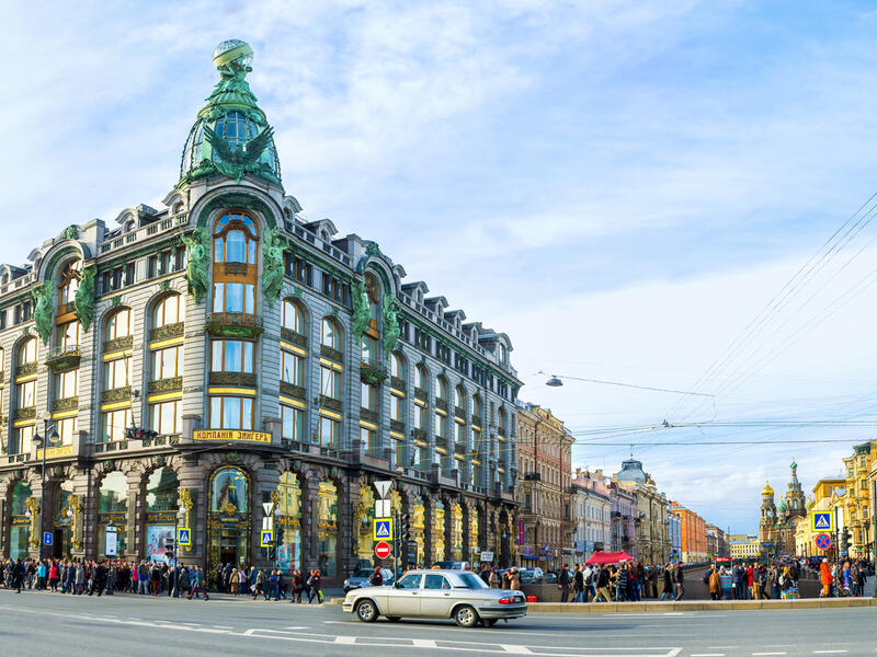 The Singer House (House of Books) with the dome and bronze sculptures on the corner of Nevsky Prospekt and Griboedov Canal, on April 25 in Saint Petersburg (Shutterstock) 