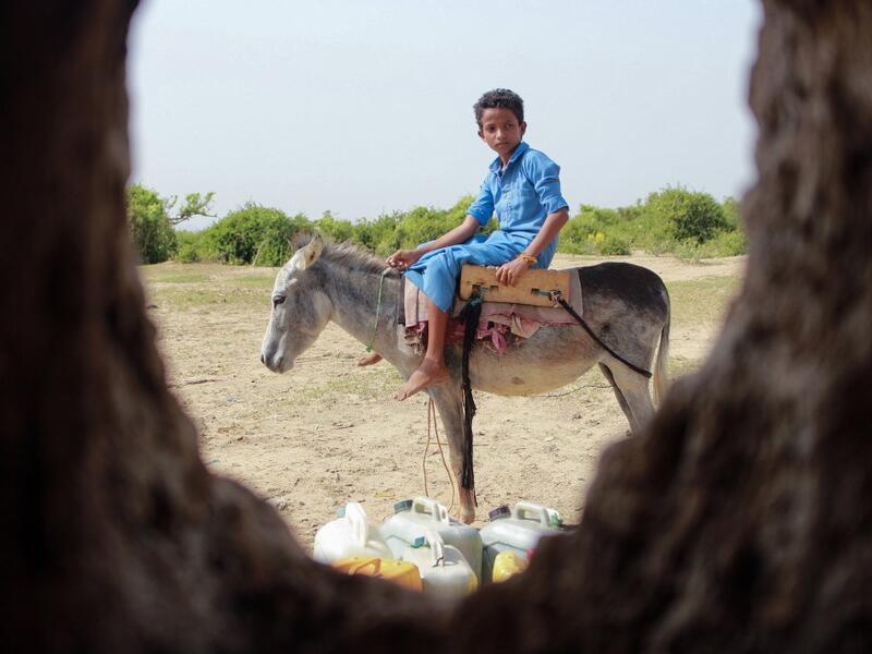 A Yemeni youth riding a donkey waits to fill jerrycans with water from a cistern at a make-shift camp for the internally displaced, in the northern Hajjah province, on June 7, 2020, amid a severe shortage of water. ESSA AHMED / AFP