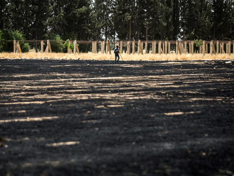A farmer walks by a wheat field during the harvest season in the countryside of al-Kaswa, south of Syria's capital Damascus on June 18, 2020. Heavy rain and reduced violence provided a relief to Syrian farmers with a good harvest this year, as a tanking economy leaves millions hungry across his war-torn country. Prior to the outbreak of the conflict in 2011, Syria produced more than 4.1 million tonnes of wheat, enough to feed its entire population. But production plunged to record lows during the war, boost
