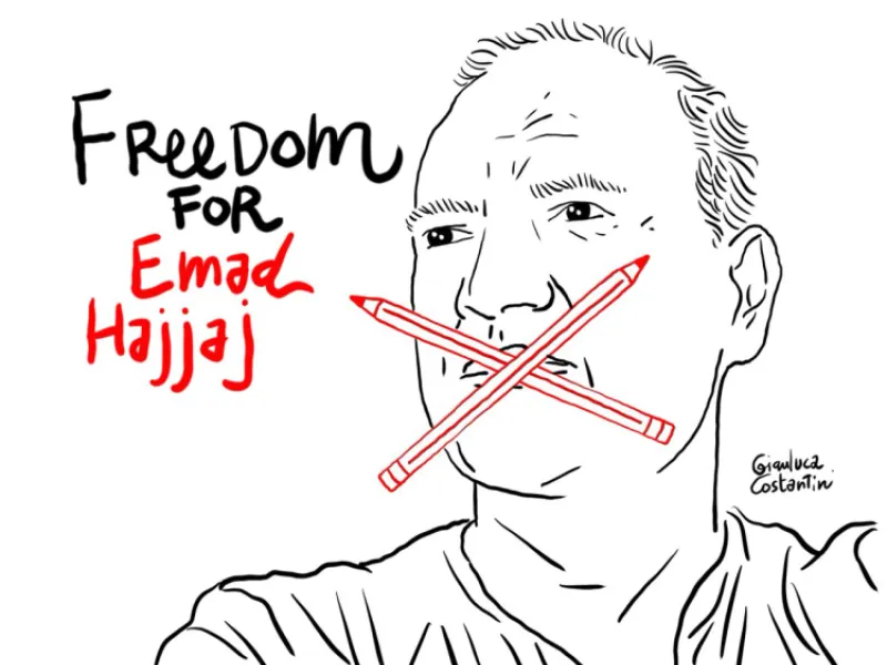 Jordanian cartoonist Emad Hajjaj was arrested by the authorities for a cartoon related to Israel-UAE peace deal. (Image by Gianluca Costantini/ Twitter)