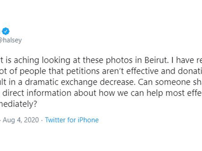 Halsey: 'my heart is aching looking at these photos in Beirut.'