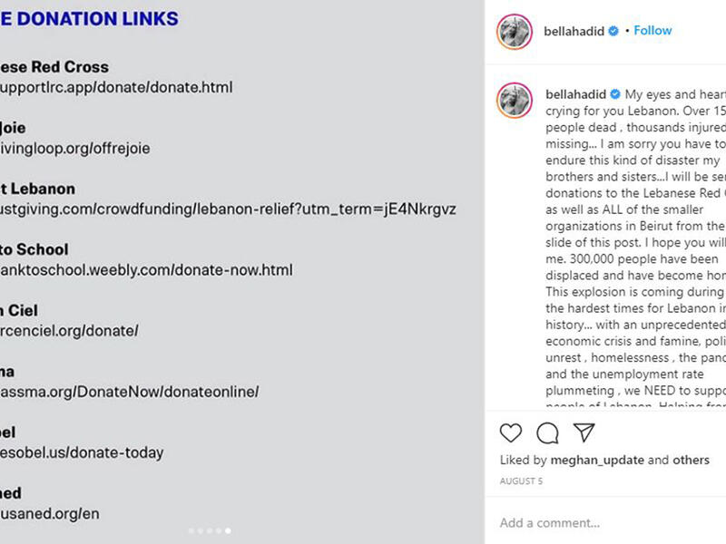 Bella Hadid: 'I will be sending donations to the Lebanese Red Cross.'