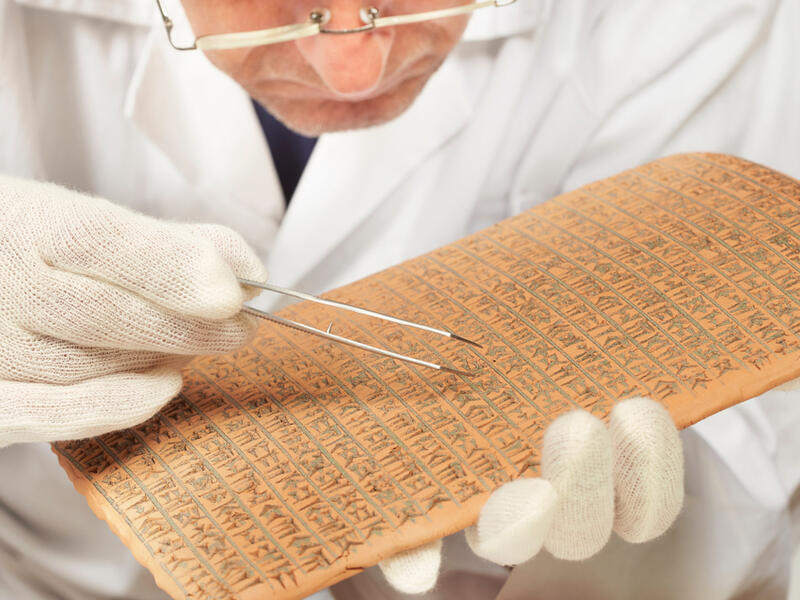 Scientist exploring ancient type of Akkad empire style cuneiform with tweezers. (Shutterstock/ File Photo)