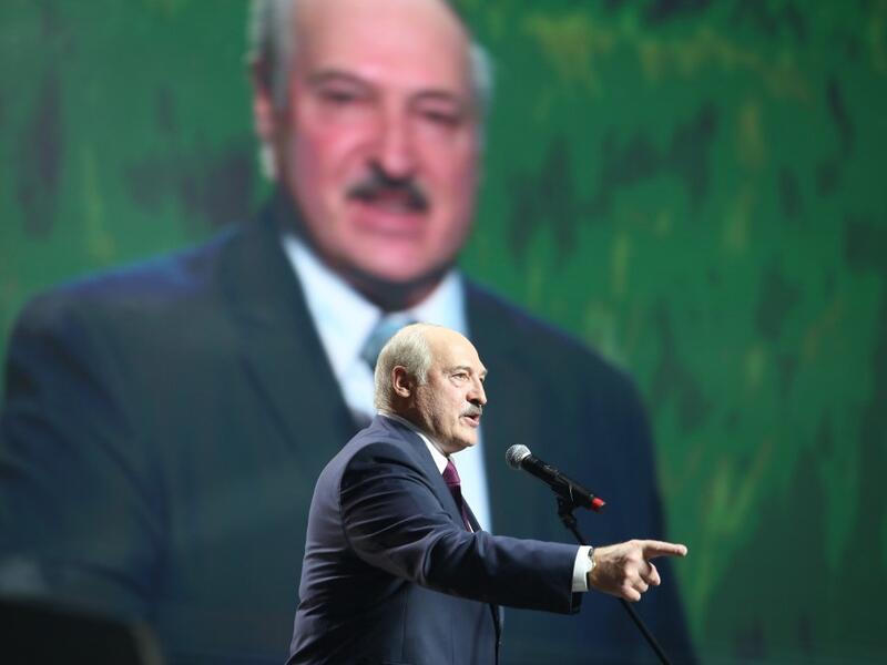 In this file photo taken on September 17, 2020 Belarusian President Alexander Lukashenko delivers a speech at the forum of Union of Women in Minsk. Belarusian President Alexander Lukashenko has been sworn in for a sixth term at a secret ceremony held with no prior announcement, the Belta state news agency reported on September 23, 2020. TUT.BY / AFP