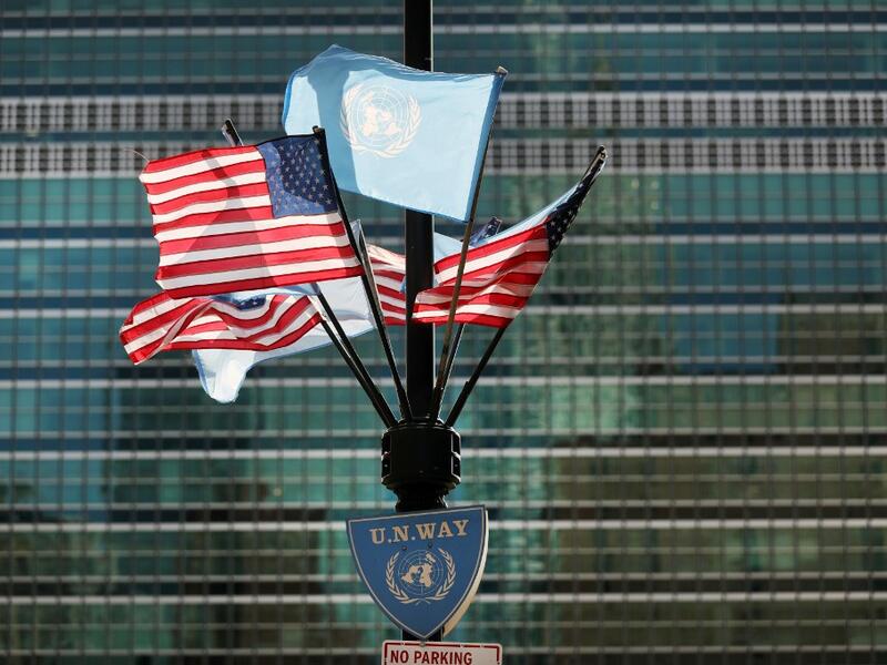American and United Nations flags fly across from the United Nations in Manhattan on the first official day of the 75th United Nations General Assembly on September 22, 2020 in New York City. Due to the ongoing COVID-19 pandemic, this year's gathering is mostly being held remotely with world leaders making speeches and appearances by video link. Spencer Platt/Getty Images/AFP SPENCER PLATT / GETTY IMAGES NORTH AMERICA / Getty Images via AFP