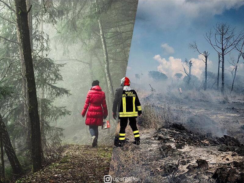 Firefighters in action to put out a fire inside the Vesuvius National Park on 16 July 2020, Mount Vesuvius, Southern Italy. On Earth, something is always burning. Wildfires are started by lightning or accidentally by people, and people use controlled fires to manage farmland and pasture and clear natural vegetation for farmland. Fires can generate large amounts of smoke pollution, release greenhouse gases, and unintentionally degrade ecosystems.  (ugurgallen/ Instagram)