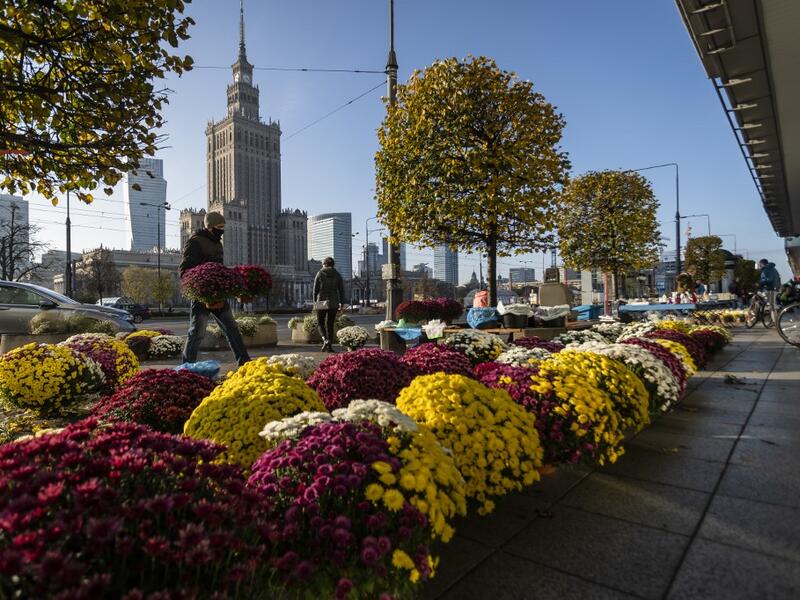 Flower vendors sell Chrysanthemums in the center of Warsaw, Poland on November 1, 2020, while the polish government closed cemeteries due to COVID-19 restrictions two days before the All Saints' Day, preventing Poles from visiting their loved ones graves according to tradition. The Polish government announced on October 30, 2020 the closure of cemeteries for three days, around All Saints' Day, to curb the outbreak of new contaminations in the country. Wojtek RADWANSKI / AFP