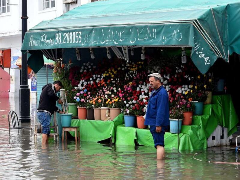 A file picture shows a flower shop owner stranded in a street flooded by torrential rains in the Tunisian capital Tunis. (AFP)