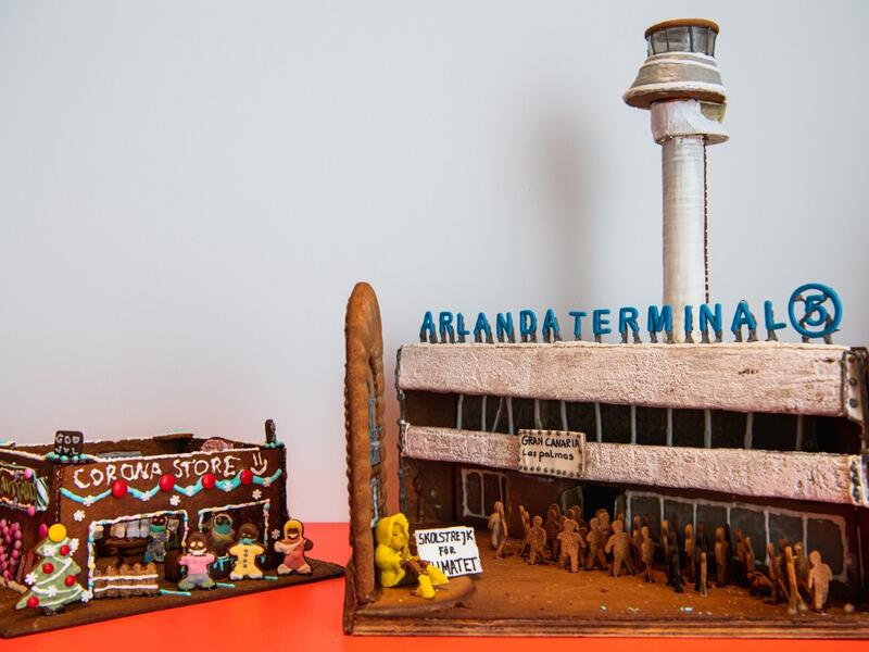 A gingerbread model with the shape of Swedish climate activist Greta Thunberg, is pictured at the ArkDes, Sweden’s national centre for architecture and design, during this year's Gingerbread House 2020 competition with the theme 'Distance', on December 7, 2020 in Stockholm, Sweden.Jonathan NACKSTRAND / AFP