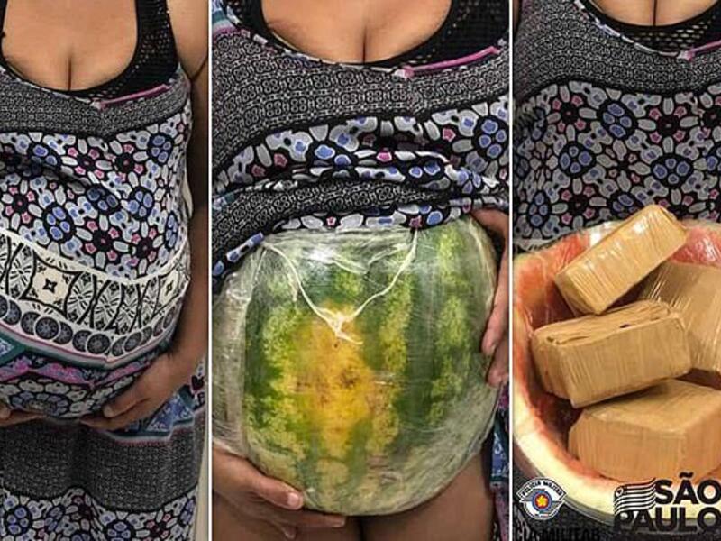 The plot unmasked: A Brazilian drug courier pretended to be pregnant (left), but her belly turned out to be a watermelon (centre) which was filled with bricks of cocaine (right) . (Facebook)