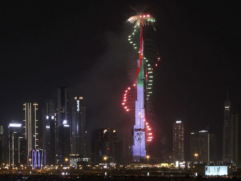 Fireworks are pictured in Dubai's Bourj Khalifa during New Year's Eve celebrations on December 31, 2020. Karim SAHIB / AFP