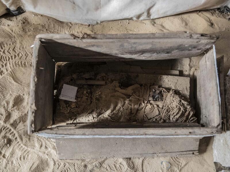 An unearthed wooden coffin is displayed during the official announcement of the discovery by an Egyptian archaeological mission of a new trove of treasures at Egypt's Saqqara necropolis south of Cairo, on January 17, 2021. The discovery at the necropolis which lies 30kms south of the Egyptian capital, includes the funerary temple of Queen Naert, wife of King Teti, as well as burial shafts, coffins, and mummies dating back to nearly 3000 years ago during the New Kingdom. Khaled DESOUKI / AFP