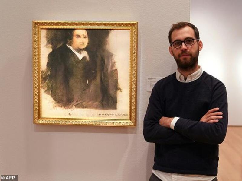 Pierre Fautrel, a member of the French art collective Obvious, poses in front of 'Portrait d'Edmond Belamy,' an image created using artificial intelligence that sold for a whopping £337,000 in 2018. (AFP)