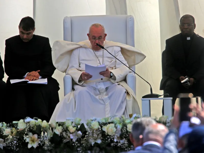 Pope Francis speaks during an interfaith service with many of Iraq's religious minorities 