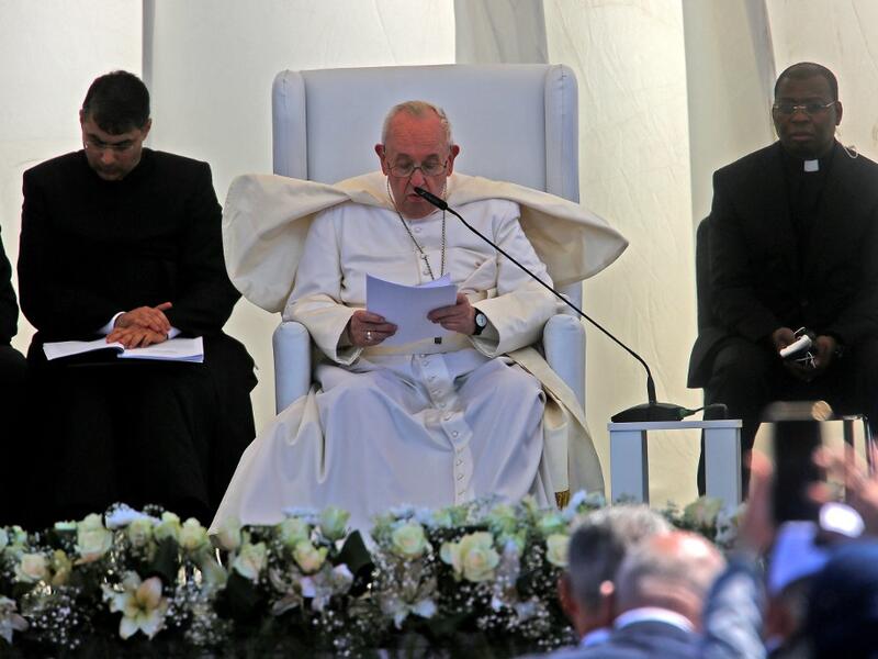 Pope Francis speaks during an interfaith service with many of Iraq's religious minorities 