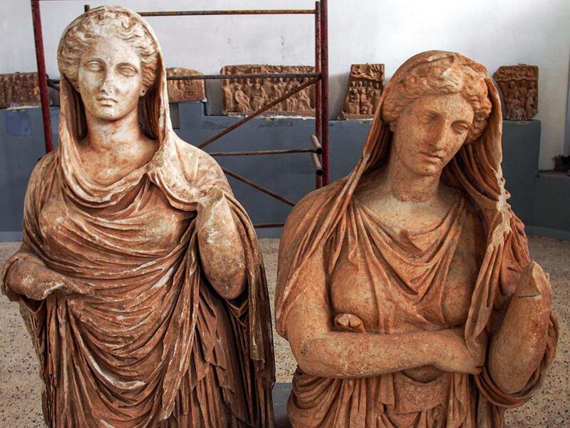 a view two female Roman sculptures on display at the Cyrene Museum which houses Greco-Roman artefacts, in the eastern Libyan town of Shahat