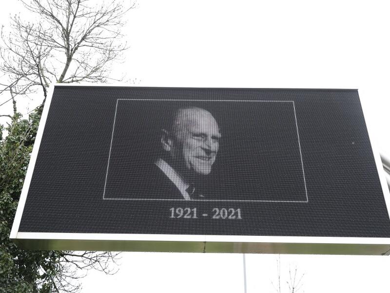An advertising billboard displays a picture in honour of Britain's Prince Philip, Duke of Edinburgh 