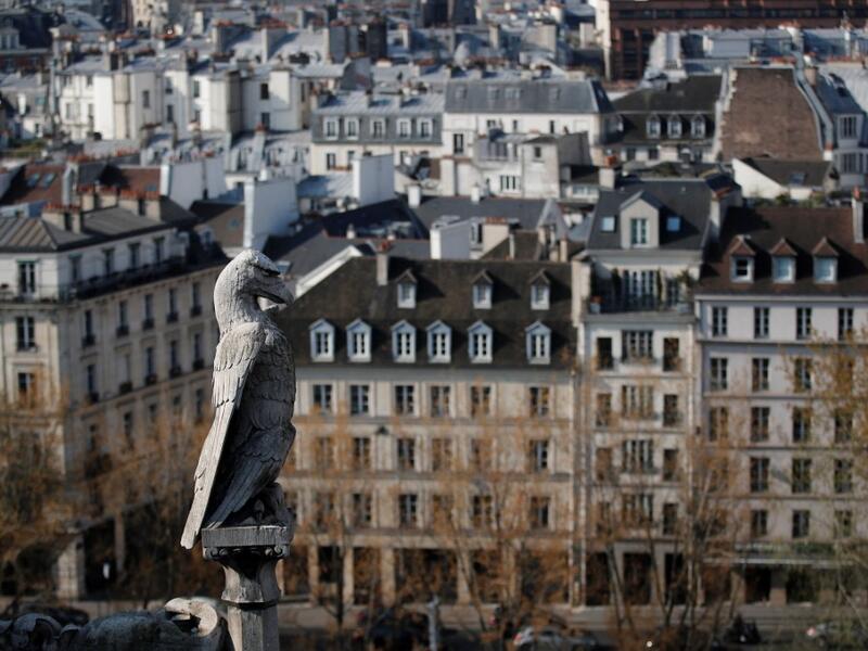 A bird statue is seen at the Notre-Dame de Paris Cathedral 