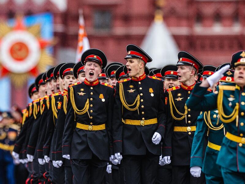 Russian servicemen march along Red Square during the Victory Day military parade in Moscow on May 9, 2021. Russia celebrates the 76th anniversary of the victory over Nazi Germany during World War II