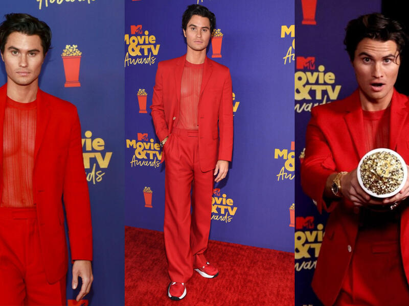 Chase stokes rocked a red Fendi suit and form-fitting see-through top