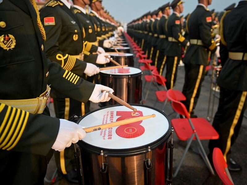 A Chinese military band prepares for celebrations in Beijing