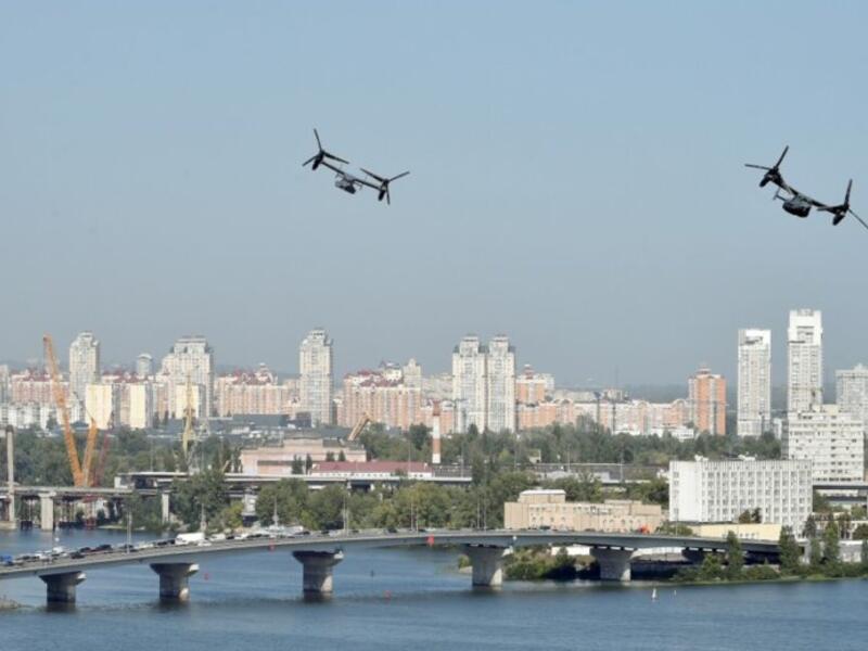 US airforce over the skyline of Kiev 