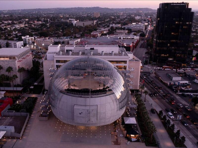 An aerial view shows the new Academy Museum of Motion Pictures
