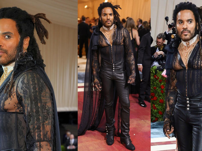 Lenny Kravitz  in sheer black lace top 