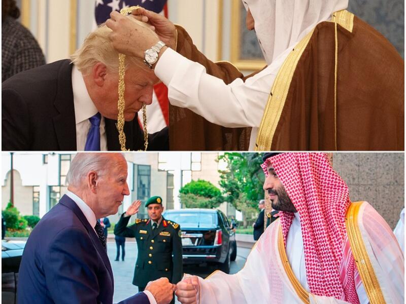  (سلام حار) دونالد ترامب: لدى وصوله إلى صالة الاستقبال الرئيسية في الديوان الملكي، قلّد الملك سلمان الرئيس ترامب قلادة الملك عبد العزيز التي تعد واحدة من أهم الأوسمة في السعودية. جو بايدن: استقبل ولي العهد السعودي الأمير محمد بن سلمان، الرئيس الأمريكي جو بايدن وتبادلا "سلامًا بالقبضة" فقط.