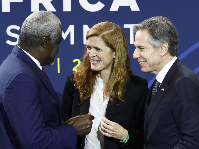 Moussa Faki Mahamat (L), Samantha Power (C)  and Blinken (R)