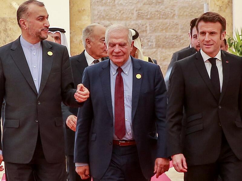 Amir-Abdollahian (L), Borrell, Macron  