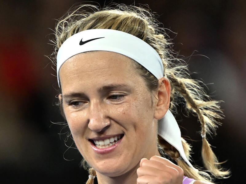 Belarus' Victoria Azarenka celebrates victory against Jessica Pegula of the US after their women's singles quarter-final match on day nine of the Australian Open tennis tournament in Melbourne on January 24, 2023. (Photo by Paul CROCK / AFP)