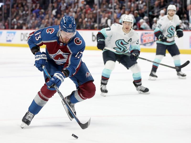 DENVER, COLORADO - APRIL 20: Valeri Nichushkin #13 of the Colorado Avalanche looks for an opening against the Seattle Kraken in the second period in Game Two of the First Round of the 2023 Stanley Cup Playoffs at Ball Arena on April 20, 2023 in Denver, Colorado. Matthew Stockman/Getty Images/AFP (Photo by MATTHEW STOCKMAN / GETTY IMAGES NORTH AMERICA / Getty Images via AFP)