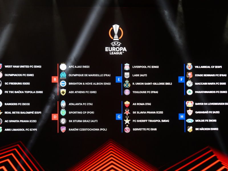 This photograph taken on September 1, 2023 shows a screen displaying the fixtures for the group stages of the UEFA Europa League after the draw for the 2023/2024 UEFA Europa League football tournament at The Grimaldi Forum in the Principality of Monaco. (Photo by NICOLAS TUCAT / AFP)