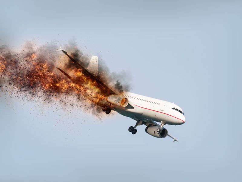 flying aircraft with exploding aero engine just before air crash
