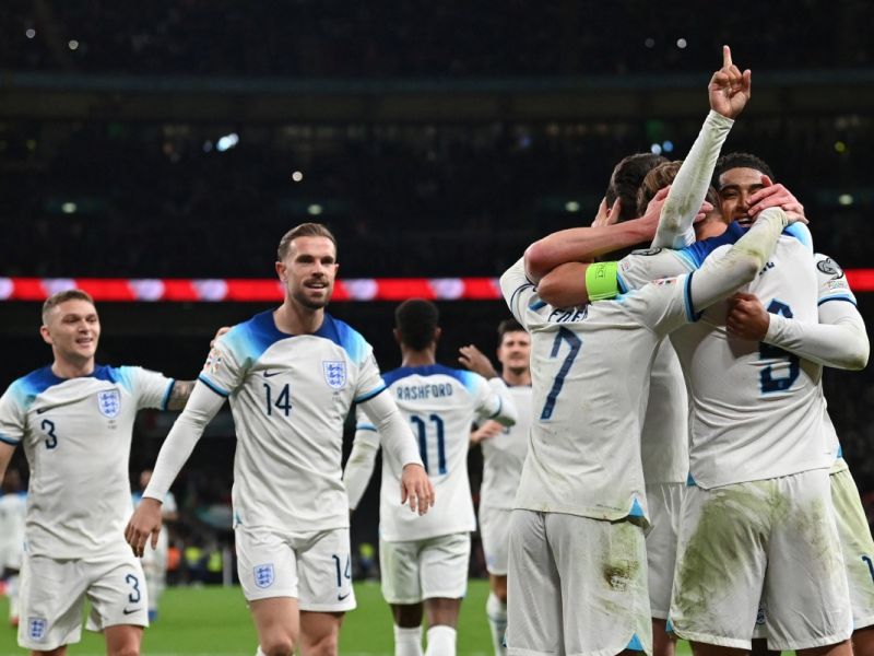 England's striker #09 Harry Kane celebrates after scoring his team thrid goal during the Euro 2024 qualifying group C football match between England and Italy at Wembley, in London, on October 17, 2023. (Photo by Glyn KIRK / AFP)