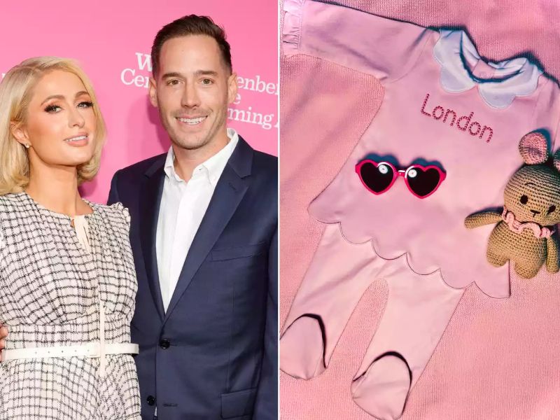 Paris Hilton is "thankful' for her "baby girl," sharing a photo of a pink outfit with the name "London" on it. (Amy Sussman; Paris Hilton's Instagram)