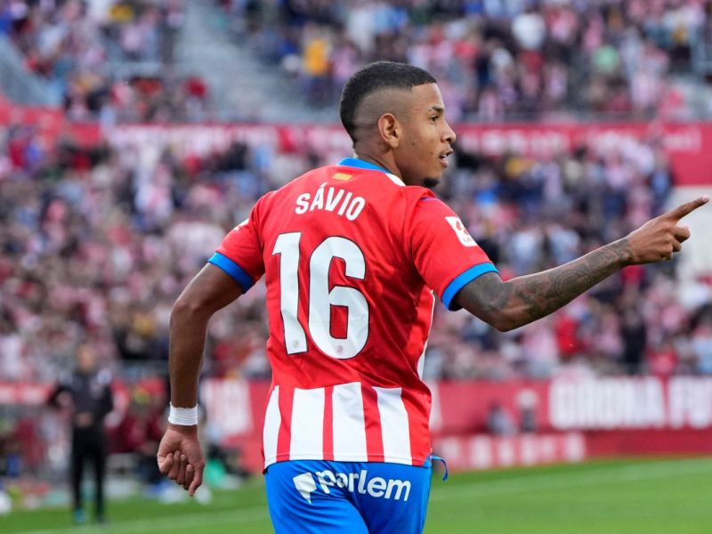 Girona's Brazilian midfielder #16 Savio Moreira celebrates scoring a goal during the Spanish league football match between Girona FC and UD Almeria at the Montilivi stadium in Girona on October 22, 2023. (Photo by Pau BARRENA / AFP)