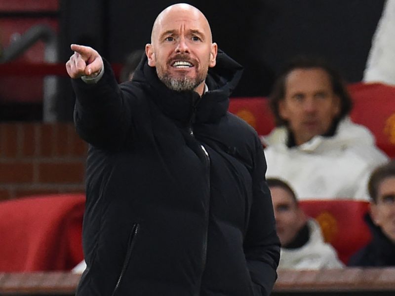 Manchester United's Dutch manager Erik ten Hag gestures from the sideline during the UEFA Champions League group A football match between Manchester United and FC Bayern Munich at Old Trafford stadium in Manchester, north west England, on December 12, 2023. (Photo by PETER POWELL / AFP)
