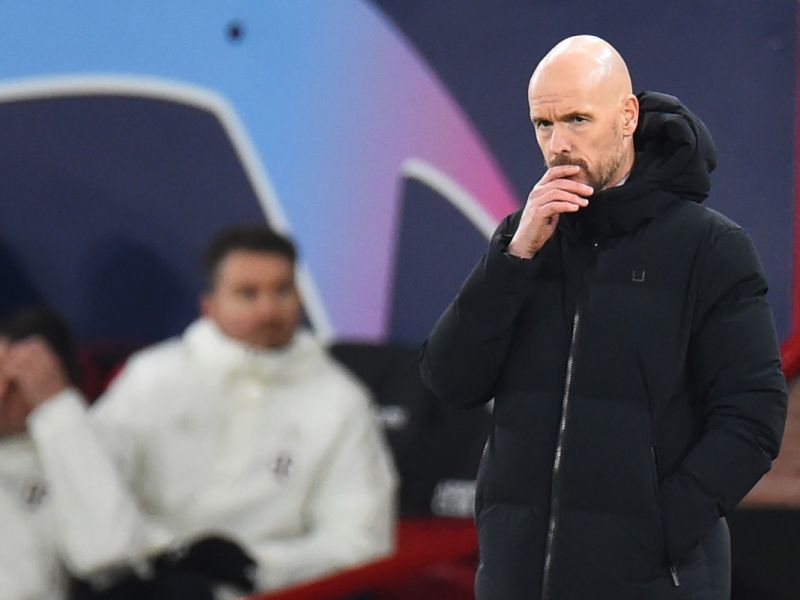 Manchester United's Dutch manager Erik ten Hag reacts during the UEFA Champions League group A football match between Manchester United and FC Bayern Munich at Old Trafford stadium in Manchester, north west England, on December 12, 2023. (Photo by PETER POWELL / AFP)