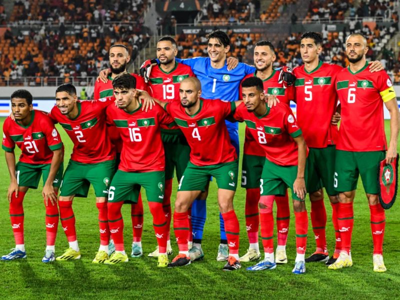 Morocco's players pose ahead of the Africa Cup of Nations (CAN) 2024 round of 16 football match between Morocco and South Africa at the Stade Laurent Pokou in San Pedro on January 30, 2024. (Photo by SIA KAMBOU / AFP)