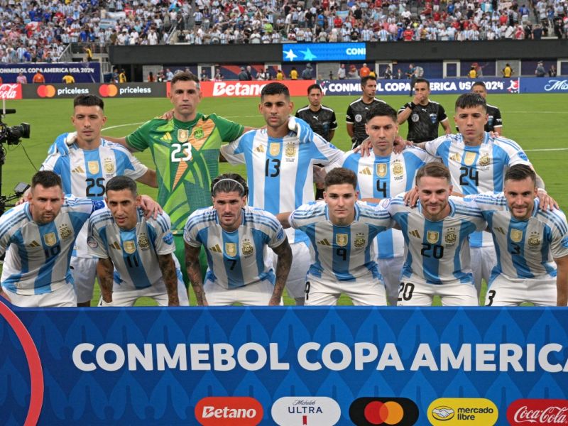 Argentina's players pose for pictures ahead of the Conmebol 2024 Copa America tournament semi-final football match between Argentina and Canada at MetLife Stadium, in East Rutherford, New Jersey on July 9, 2024. (Photo by JUAN MABROMATA / AFP)