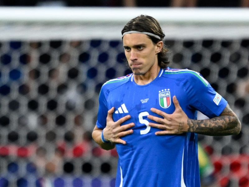 Italy's defender #05 Riccardo Calafiori reacts during the UEFA Euro 2024 Group B football match between Italy and Albania at the BVB Stadion in Dortmund on June 15, 2024. (Photo by INA FASSBENDER / AFP)