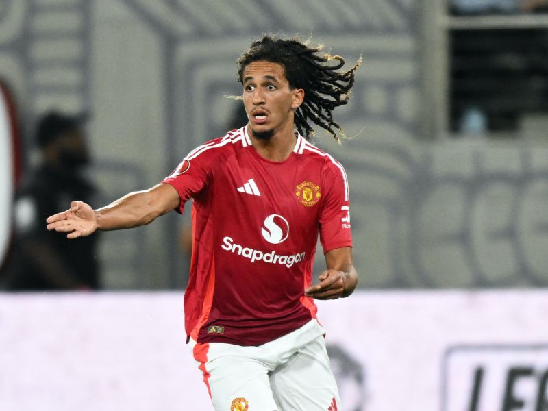 Former Manchester United midfielder #46 Hannibal Mejbri gestures during the pre-season club friendly football match between Manchester United and Real Betis at SnapDragon Stadium in San Diego, California, on July 31, 2024. (Photo by Patrick T. Fallon / AFP)