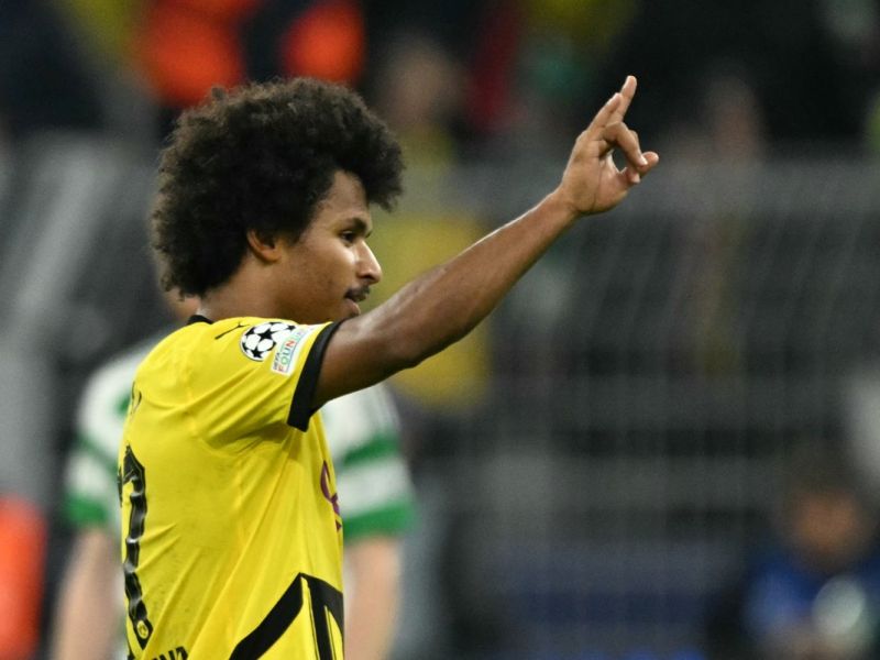 Dortmund's German forward #27 Karim Adeyemi celebrates scoring his team's fifth goal 5:1 during the UEFA Champions League football match between Borussia Dortmund and Celtic in Dortmund, western Germany on October 1, 2024. (Photo by INA FASSBENDER / AFP)