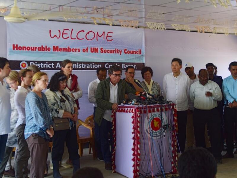 United Nations Security Council members meet the press in Rohingya refugee camps in Bangladesh's Ukhia's district on 29 April 2018. Sam Jahan/AFP
